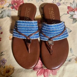 Italian Shoemakers Blue and Brown low wedge Sandals - Size 8